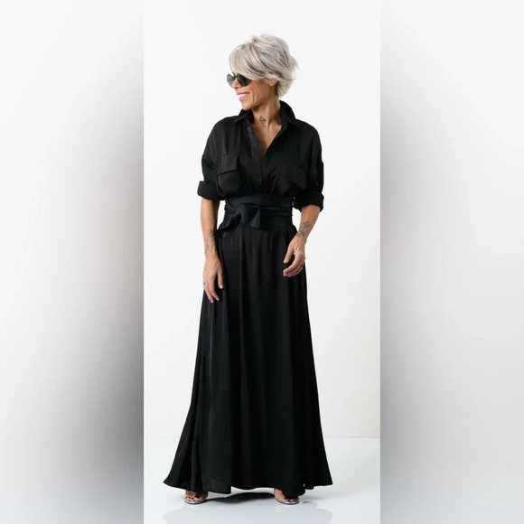 Locker Room ELEGANT MAXI BLACK SHIRT DRESS WITH VEGAN LEATHER BELT Size S/M/L/XL - Picture 1 of 10